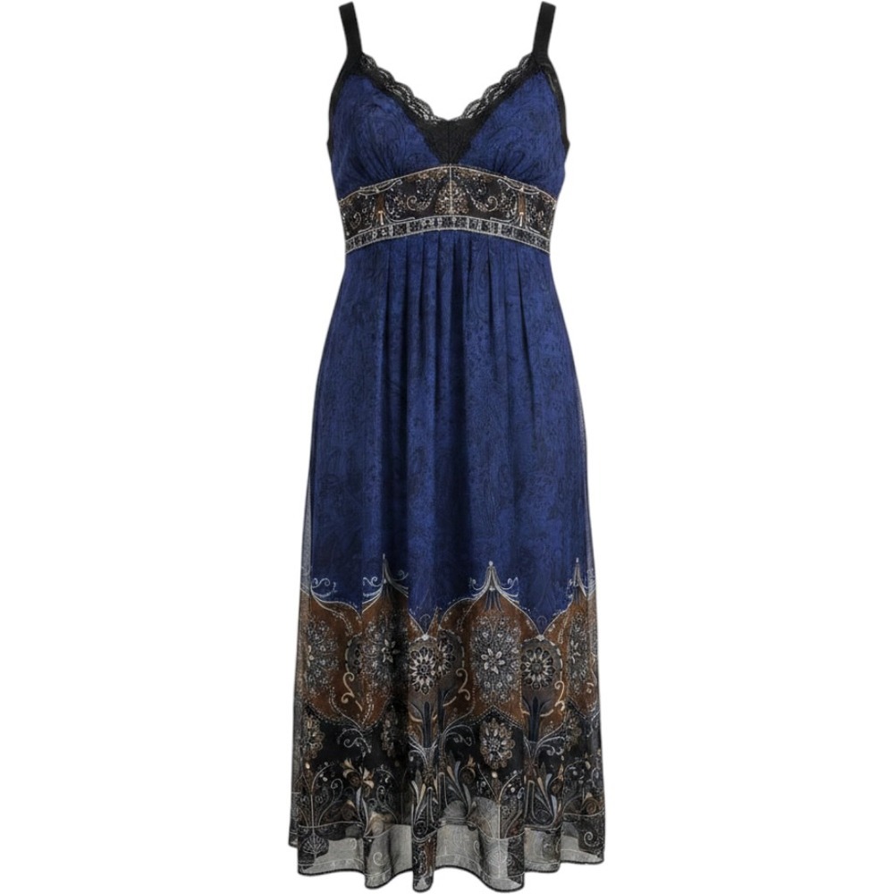 VTG Robbie Bee 10 Silk Column Maxi Dress Paisley Beaded Blue Empire Y2K Fairy